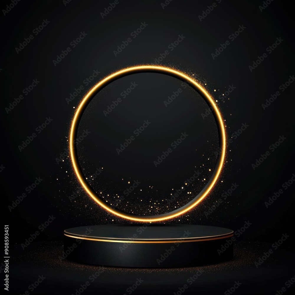 Poster elegant dark podium with glowing circle and sparkles. generative ai.
