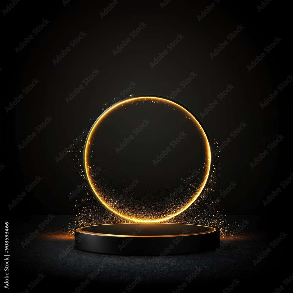Poster elegant dark podium with glowing circle and sparkles. generative ai.
