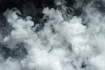 Dramatic white smoke cloud billows out from top left corner, spreading across frame creating ominous atmosphere. Dark background shrouded in mystery with no objects or figures present.