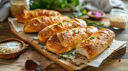 Fototapeta premium A delicious loaf of hot bread with fragrant herbs, beautifully presented on a wooden table, epitomizing the charm and freshness of classic pastries.