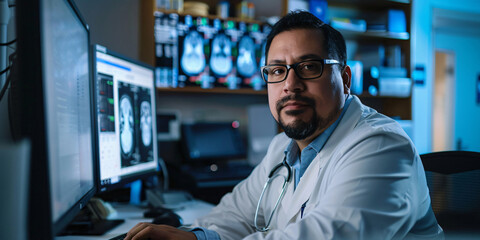 Obraz premium A male doctor in a white coat looks at the camera while sitting at his computer in a hospital setting.. caucasian man