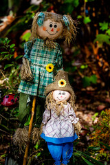 Thanksgiving Holiday. Halloween pumpkin and skeleton for decorated house. Scary decorations at front yard of a home. Trick or treat. Halloween background. Holiday of Halloween and Thanksgiving.