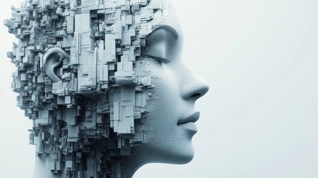 A unique 3D illustration featuring a human head morphing into a high-rise building. The design intricately combines facial features with structural elements, symbolizing the relationship between