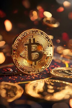 vertical slow motion video of bitcoin golden coin