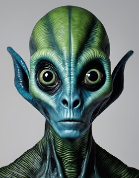 portrait of a green alien with bulging eyes, ridged skin and big pointy ears looking at camera, against grey background