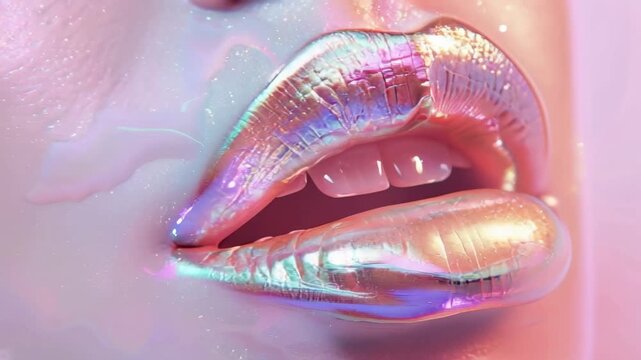 Video in slow motion showcasing macro close-up of holographic, shiny lips with bright, juicy colors and a glossy finish. Ideal for beauty, fashion, and luxury themes emphasizing seductive glamour and 