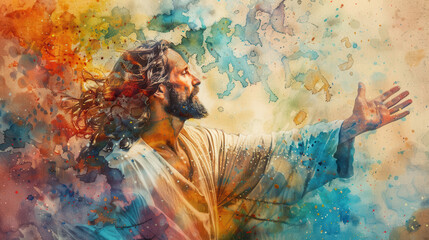 A watercolor painting of Jesus Christ, compassionate expression, reaching out a hand, vibrant blend of colors, abstract background