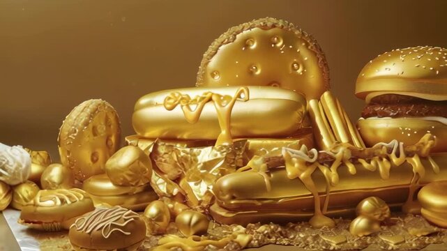 Video concept showcasing fast food with a VIP touch: donuts, ice cream cones, burgers, fries, and hot dogs in glossy, three-dimensional gold. Ideal for luxury food advertising with a classic American 