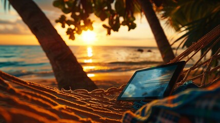 Seaside hammock with tablet, golden sunset, eye level, relaxation mode