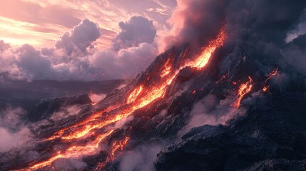 A dramatic view of a volcanic rock formation with lava flows and ash clouds, capturing the intense and dynamic nature of volcanic activity