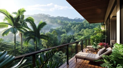 Balcony with jungle view, early morning light, panoramic, refreshing start