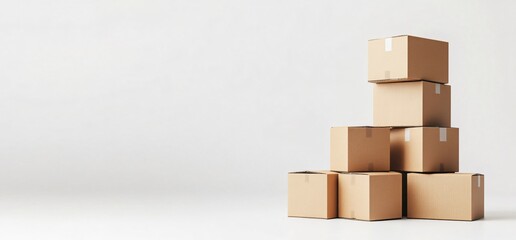 Obraz premium A neatly stacked pile of cardboard boxes on a plain background, symbolizing moving or storage organization.