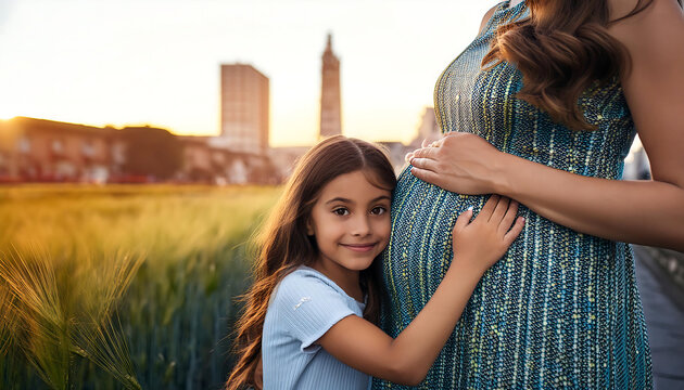  Girl embracing mother's pregnant belly- A young girl hugging her mother&rsquo;s pregnant belly, h_1(268)