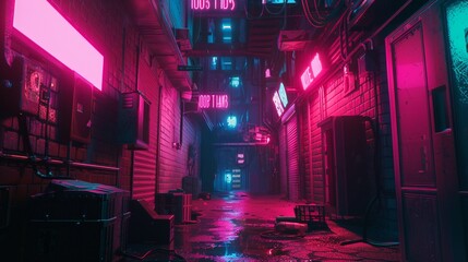 Cyberpunk alley with neon study pods, night, low angle, urban tech vibe
