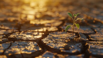 Resilience in the Drought: Close-up of a Single Plant Surviving on Arid, Cracked Earth