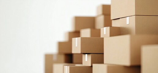 A neatly stacked pile of cardboard boxes on a plain background, symbolizing moving or storage organization.