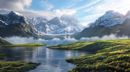 A beautiful mountain landscape with a river running through it