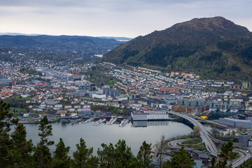 Stunning panorama of Bergen, Norway, showing the charming city harbor, colorful houses and...