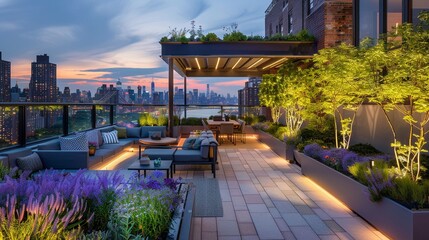Obraz premium Rooftop garden with city view, twilight, panoramic, evening unwind