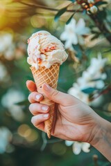 Hand holding ice cream in cone on outdoor background. Summer time.