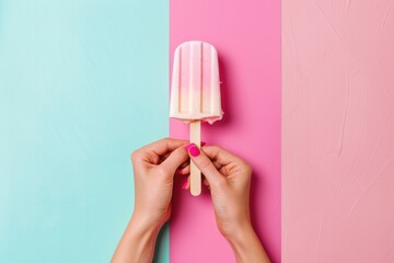 Obraz premium Hand holding popsicle in on street background. Summer time.