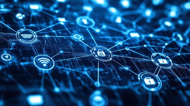 Innovative digital background featuring a networked array of smart devices connected via a seamless wireless network, emphasizing the integration and optimization of IoT technologies in daily life