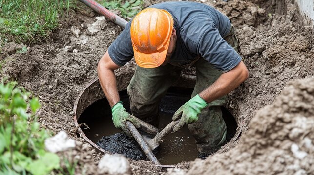 Man cleaning septic tank for sewage removal service. Concept Septic tank cleaning, Sewage removal, Septic system maintenance, Waste disposal, Drain cleaning