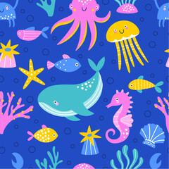 Seamless pattern with whales, seaweed, jellyfish, octopus and sea life.