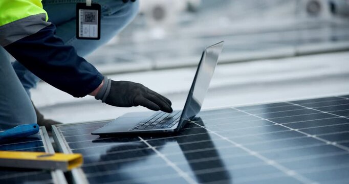 Hands, laptop and solar maintenance, roof and inspection with data collection for information of power. Outdoor, person and monitoring of panel for performing, energy systems and electrical engineer