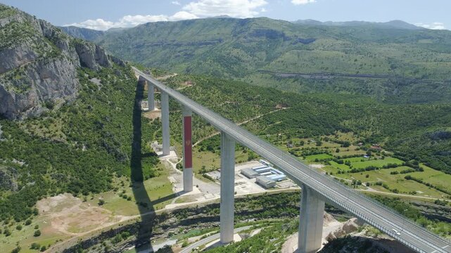 Aerial view of new concrete bridge over the Moraca river canyon in Montenegro