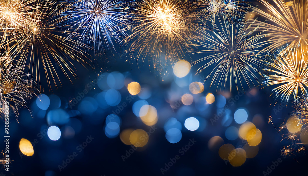Aufkleber  Gold and dark blue Fireworks and bokeh in New Year eve and copy space. Abstract background _1(278)
