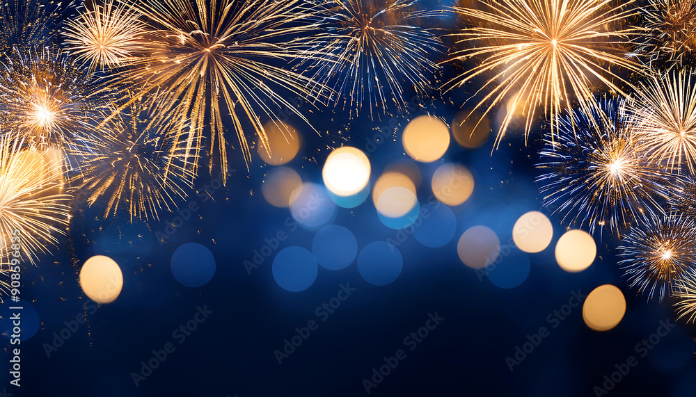 Aufkleber gold and dark blue fireworks and bokeh in new year eve and copy space. abstract background _1(279)