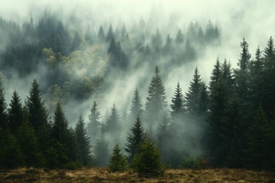 Misty fir forest landscape in vintage style with foggy hills. Green trees stand tall amidst the misty atmosphere. Morning light casts a warm glow on the scene.