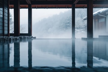 Minimalist tranquility view of Japan hot spring resort.