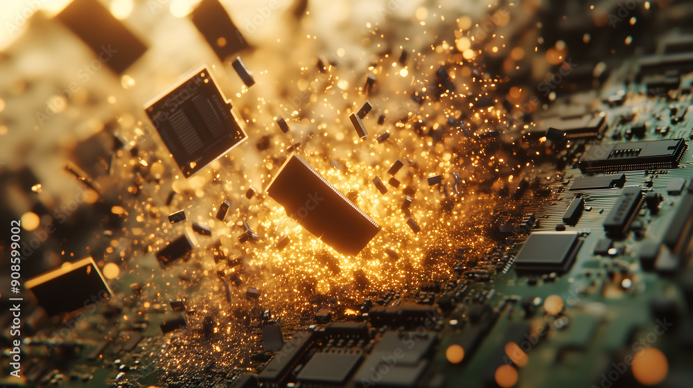 Aufkleber dynamic close-up of an electronic circuit board exploding with components flying and sparks, illustr