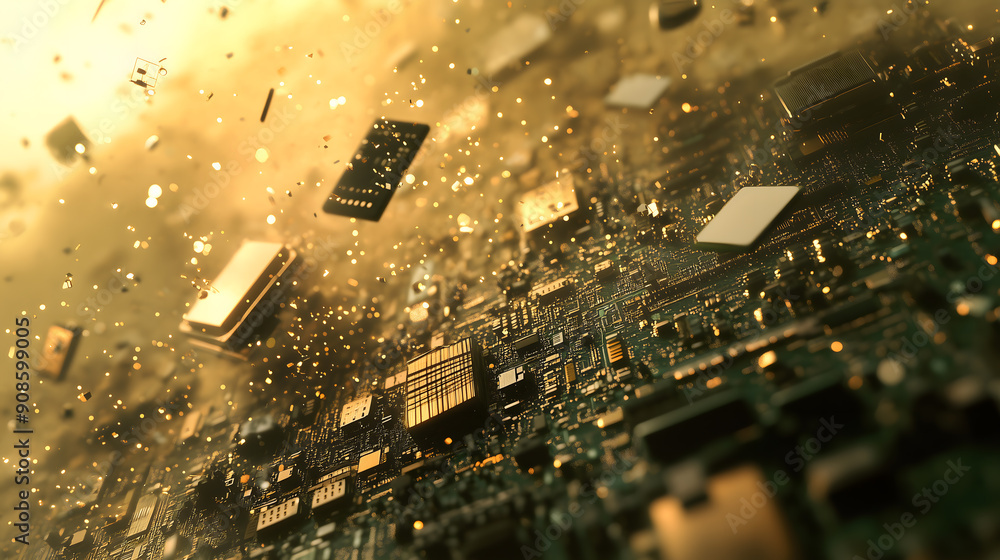 Aufkleber Dynamic close-up of an electronic circuit board exploding with components flying and sparks, illustrating technology breakdown or hardware failure.