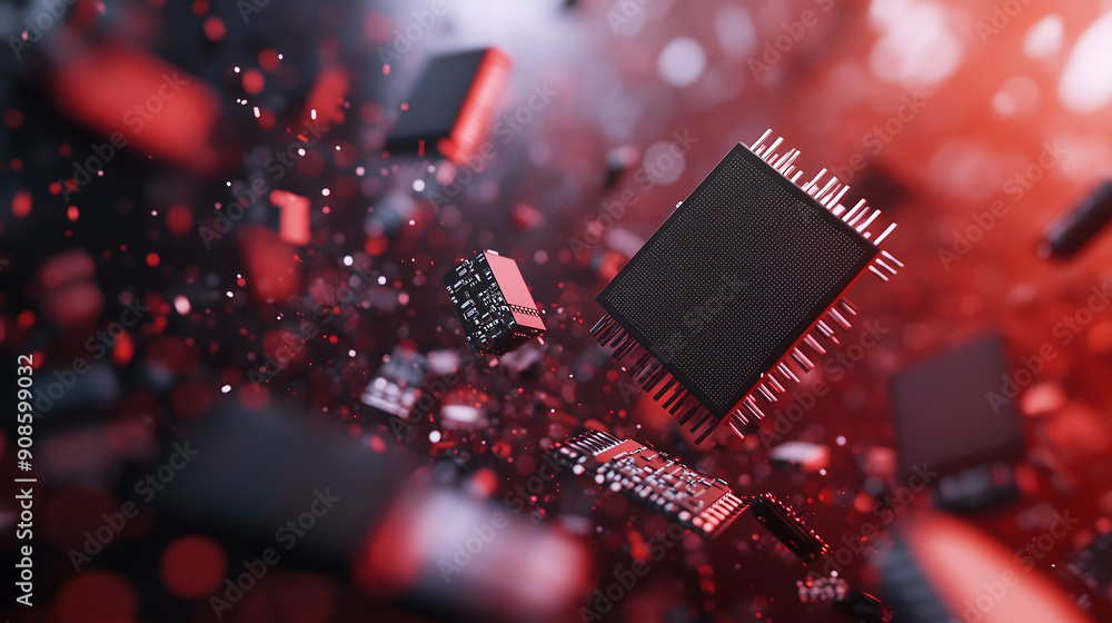 Poster dynamic close-up of microchips and electronic components floating in mid-air against a red backdrop,