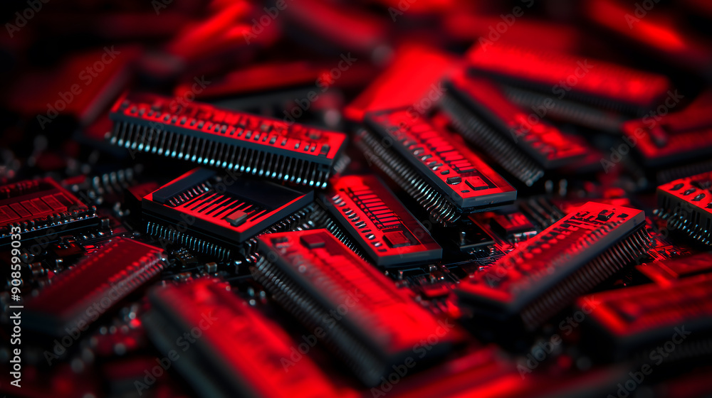 Aufkleber close-up of microchips scattered on a circuit board, illuminated by a striking red light, showcasing