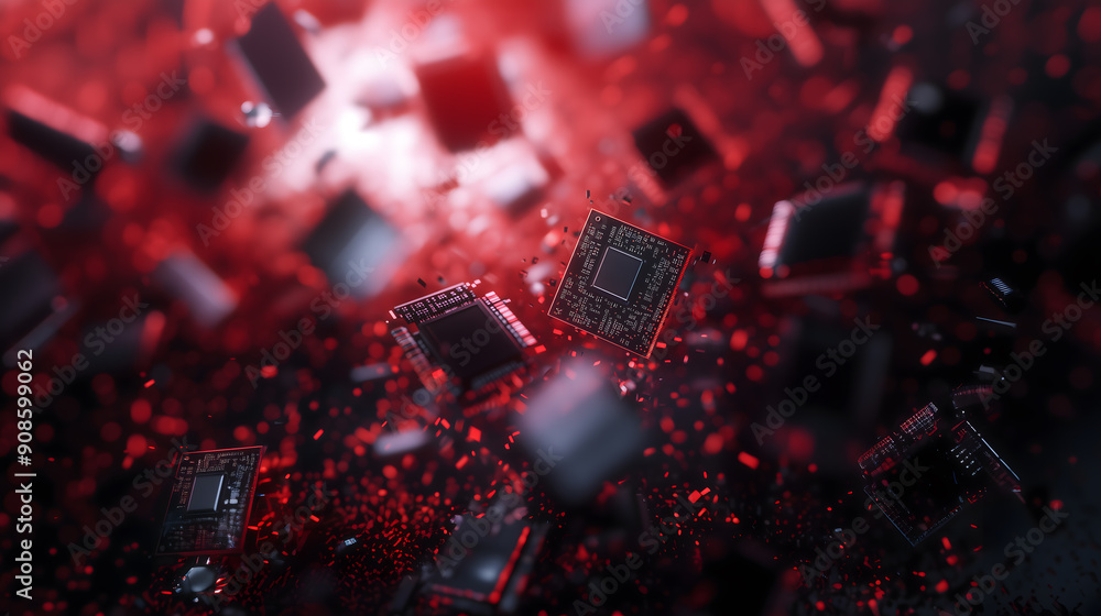 Aufkleber close-up view of microchips floating in midair surrounded by glowing red light particles, highlighti