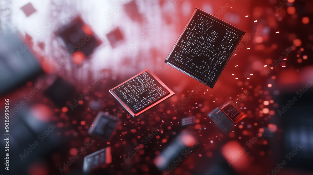 Aufkleber dynamic close-up of microchips and electronic components floating in mid-air against a red backdrop,