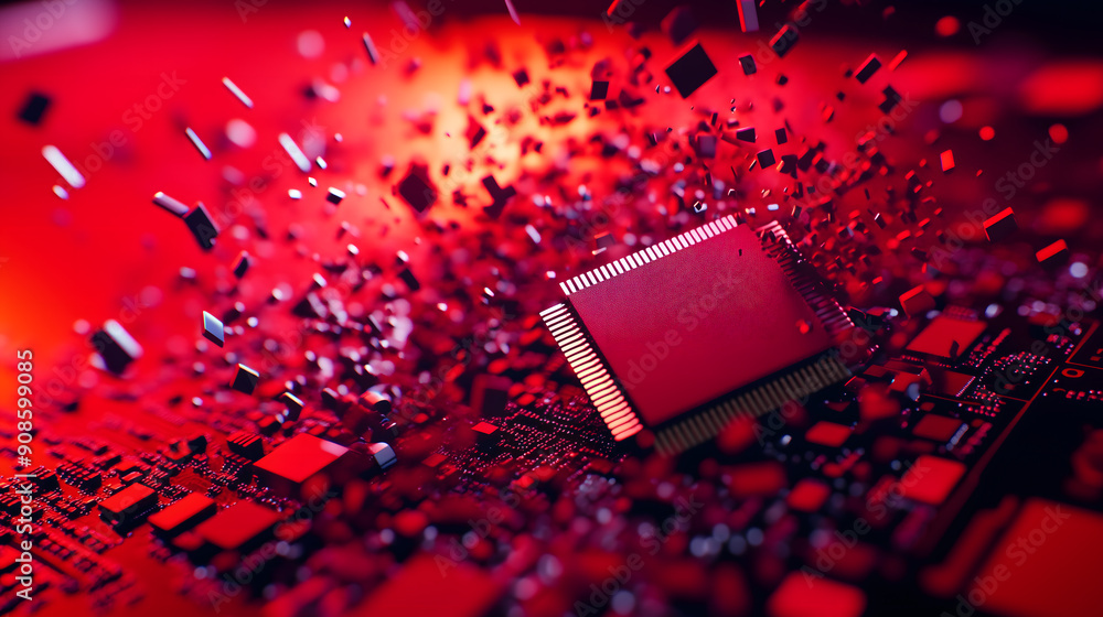 Aufkleber a close-up of a microchip exploding into vibrant red digital fragments, symbolizing advanced microch