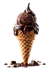 Chocolate ice cream cone isolated. Delicious chocolate ice cream scooped with melted chocolate topping. Illustration