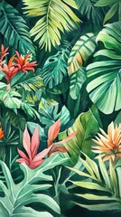 Vibrant tropical foliage featuring lush green leaves and colorful flowers, perfect for nature-inspired designs.