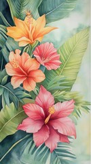 Vibrant watercolor illustration of tropical hibiscus flowers surrounded by lush green leaves, perfect for nature lovers.