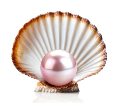 Shell with a rosaline pearl or Pink pearl inside seashell.  Open shell with pearl illustration. Png transparency