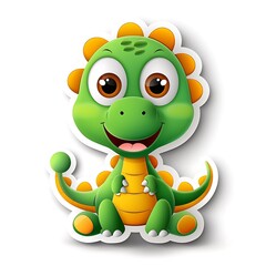 Fototapeta premium Playful Dino Pal: A cheerful green dinosaur with big, friendly eyes sits and smiles, ready for prehistoric adventures. Perfect for children's designs and whimsical projects. 