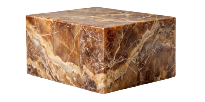 Brown Marble Cube with Natural Veining displaying intricate patterns and a rugged surface, ideal for artistic projects. Isolated on transparent background, png.