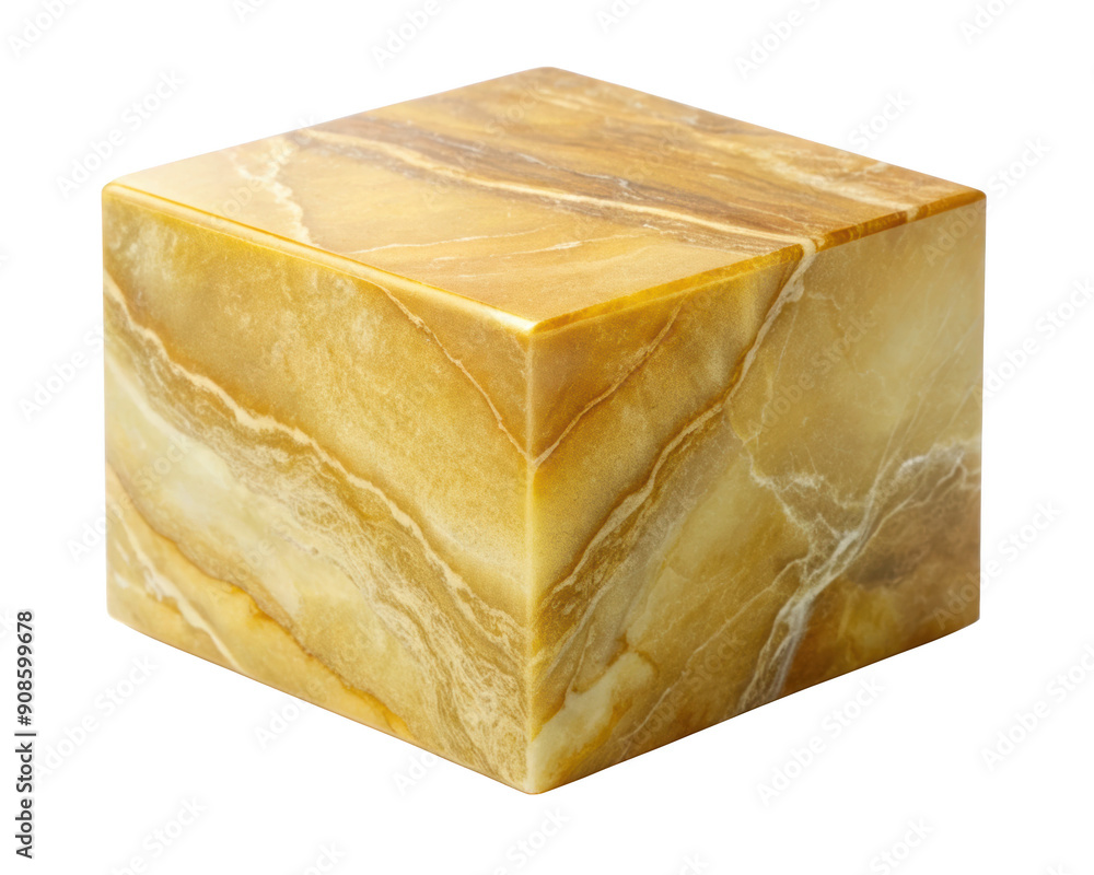 Poster golden marble cube with natural veining displaying intricate patterns and a smooth, polished surface
