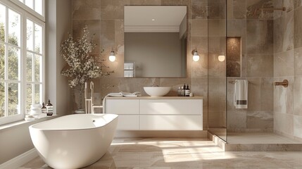 Sophisticated Taupe Bathroom, White Vanity, Stone Tile Floor
