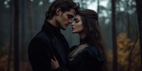 Elegant Couple in Romantic Embrace: Vintage-Inspired Wedding Scene with Woman in Black Gown and Young Lover in Emotional Forest Setting. Timeless Love Story Captured for Anniversary, Valentine's Day, 